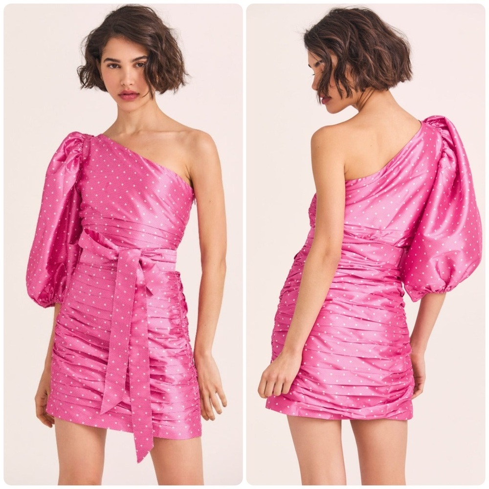 LoveShackFancy Pink One-Shoulder Dress with White Dots
